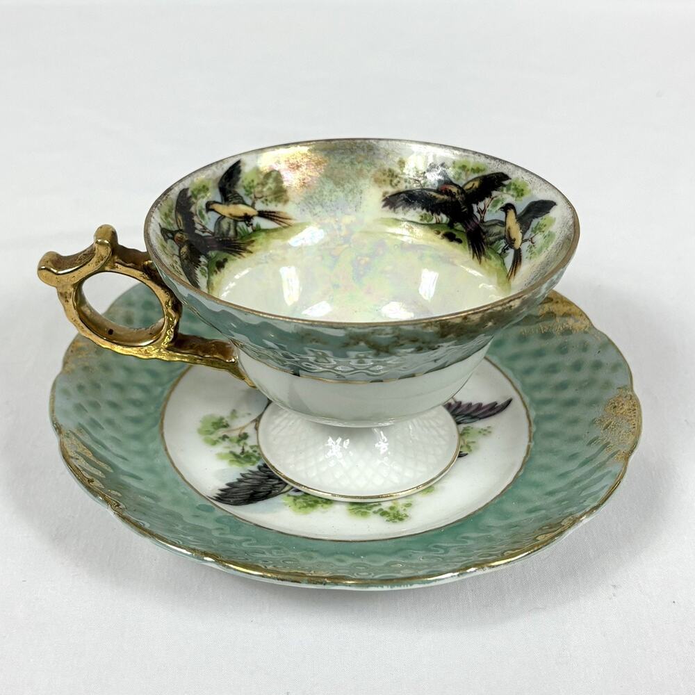 Vtg Pheasants Gold Rim Iridescent Footed Teacup & Saucer Thames Bone China Japan